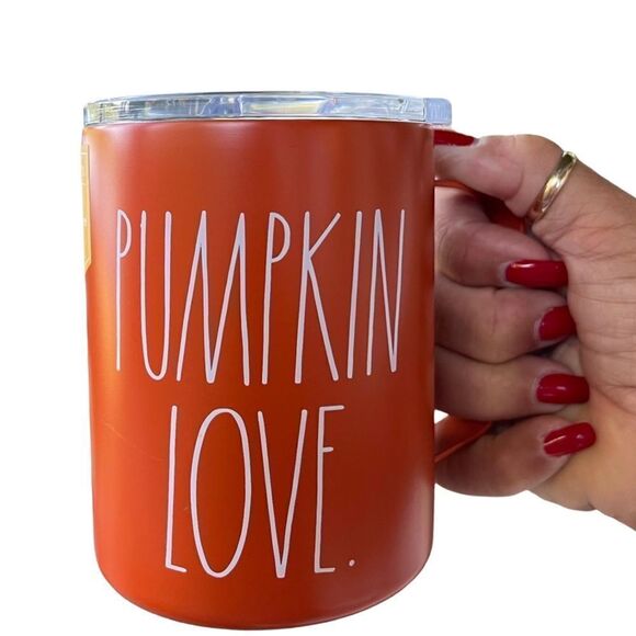 Rae Dunn Pumpkin Love Insulated Stainless Steel Orange Travel Mug with Lid NWT - Picture 1 of 6